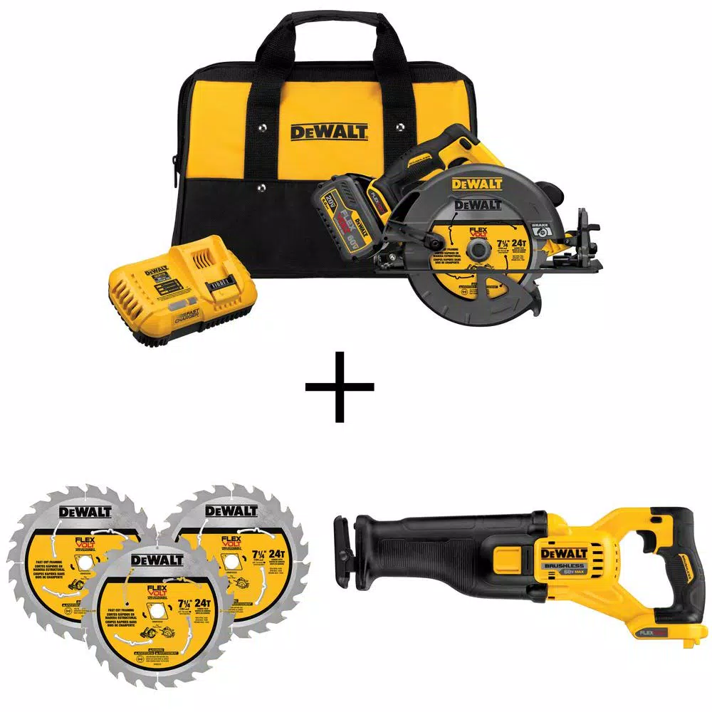 DEWALT FLEXVOLT 60-Volt MAX Cordless Brushless 7-1/4 in. Circular Saw, (1) FLEXVOLT 6.0Ah Battery, Recip Saw & Circ Blade Set