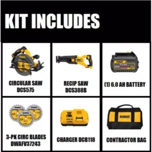 DEWALT FLEXVOLT 60-Volt MAX Cordless Brushless 7-1/4 in. Circular Saw, (1) FLEXVOLT 6.0Ah Battery, Recip Saw & Circ Blade Set