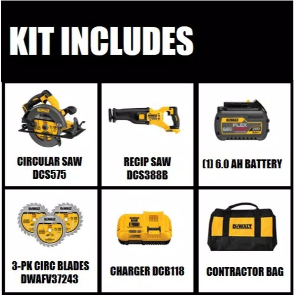 DEWALT FLEXVOLT 60-Volt MAX Cordless Brushless 7-1/4 in. Circular Saw, (1) FLEXVOLT 6.0Ah Battery, Recip Saw & Circ Blade Set