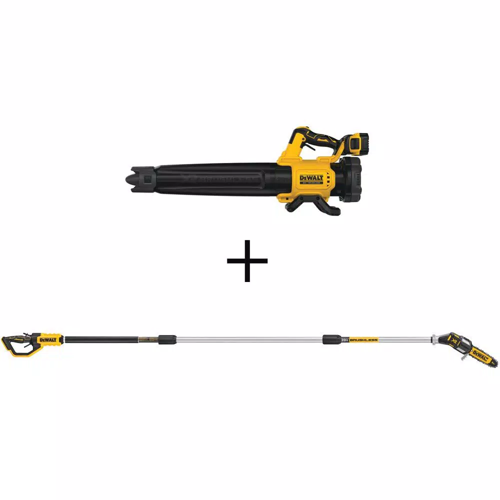 DEWALT 125 MPH 450 CFM 20V MAX Cordless Brushless Blower with (1) 5.0Ah Battery & Charger w/8 in. 20V MAX Pole Saw (Tool Only)