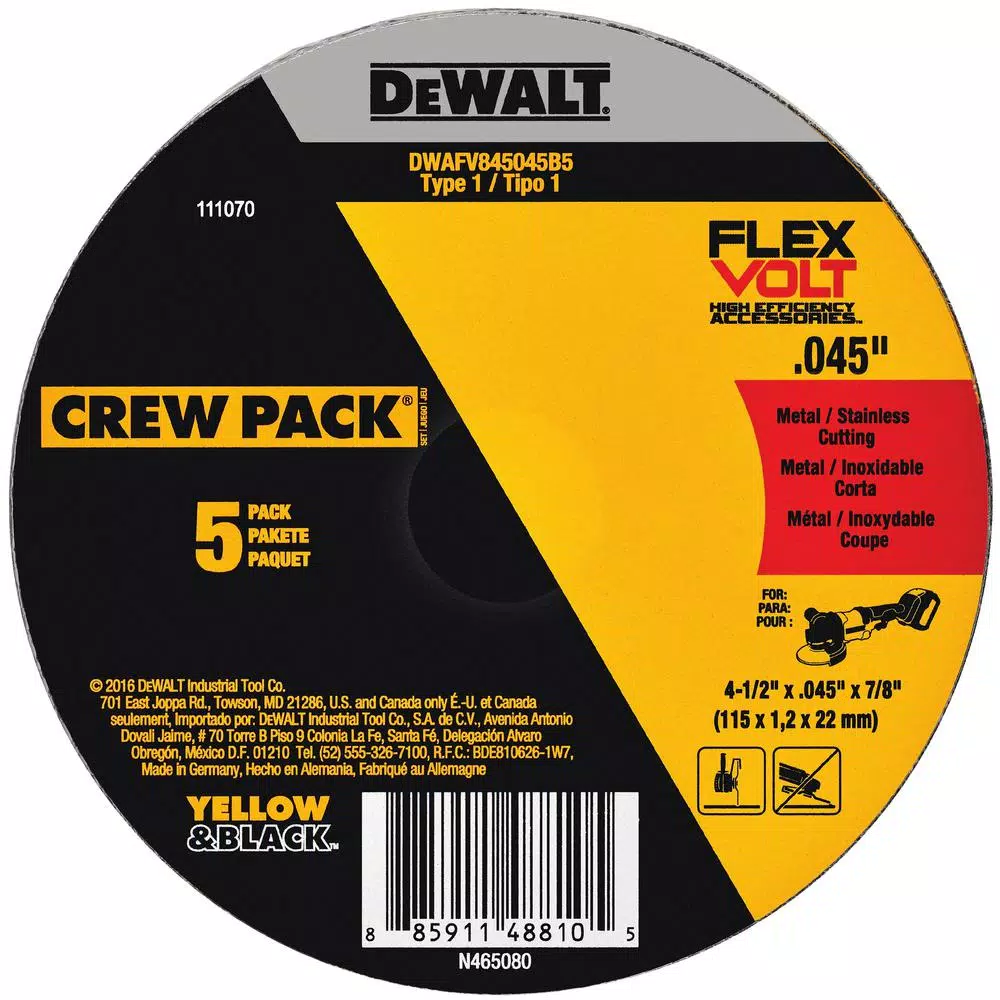 DEWALT FLEXVOLT 4-1/2 in. x 0.045 in. x 7/8 in. Cutting Wheel (5-Pack) Type 1