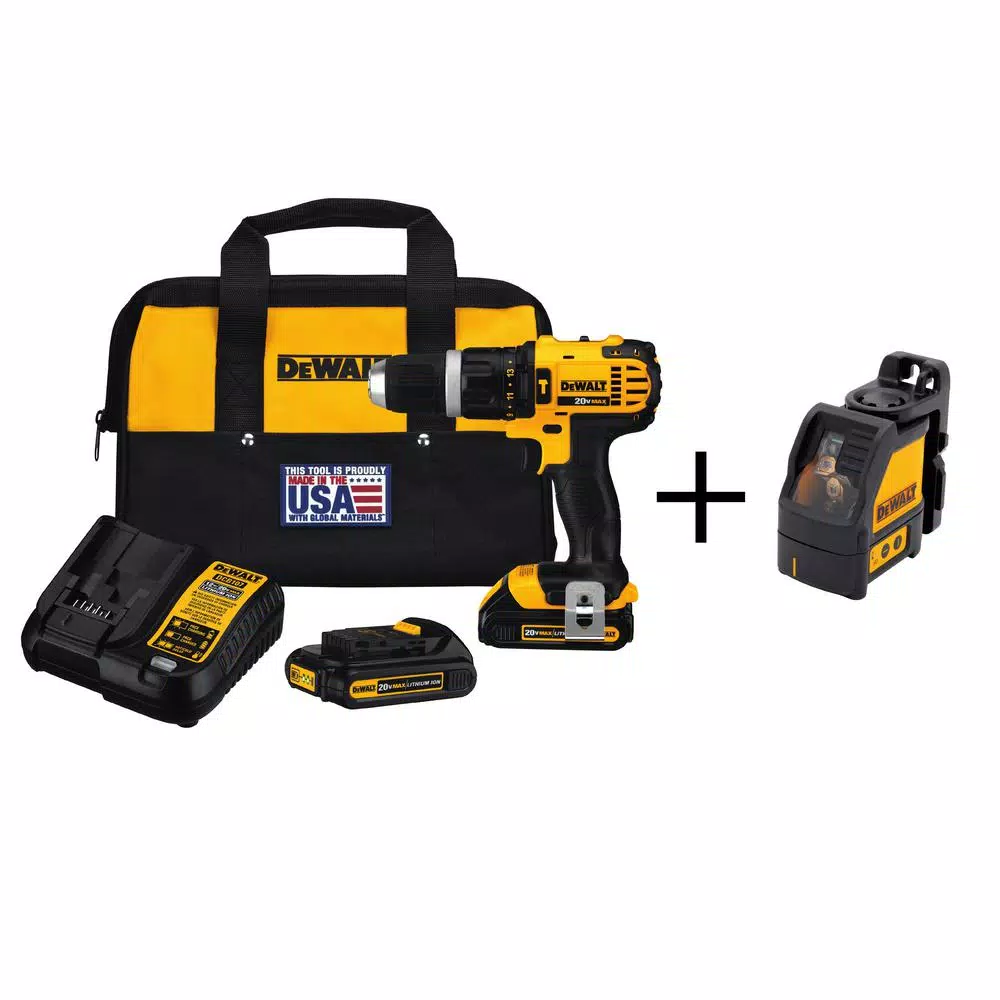 DEWALT 20-Volt MAX Cordless Compact 1/2 in. Hammer Drill/Driver, (2) 20-Volt 1.3Ah Batteries, Charger, Bag & Cross Line Laser