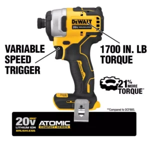 DEWALT ATOMIC 20-Volt MAX Cordless Brushless Compact 1/4 in. Impact Driver, (2) 20-Volt 1.3Ah Batteries, Charger & Bag