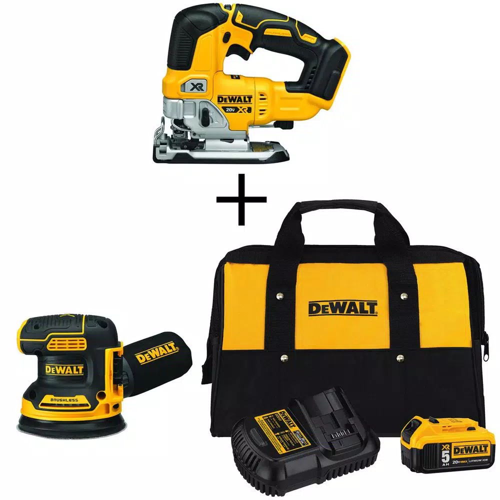 DEWALT 20-Volt MAX XR Cordless Brushless Jigsaw with 5 in. Random Orbital Sander, (1) 20-Volt 5.0Ah Battery & Charger