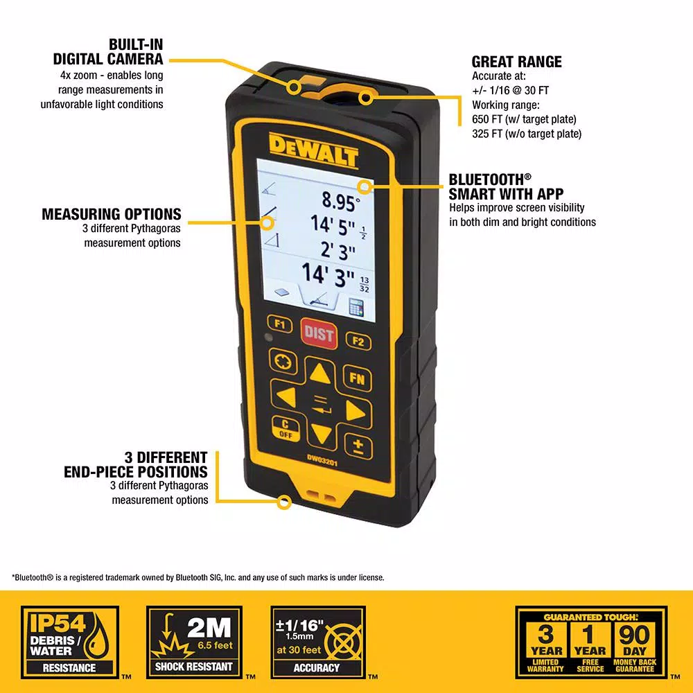 DEWALT 660 ft. Laser Distance Measurer with Color LCD, 4X Zoom Digital Camera and Bluetooth