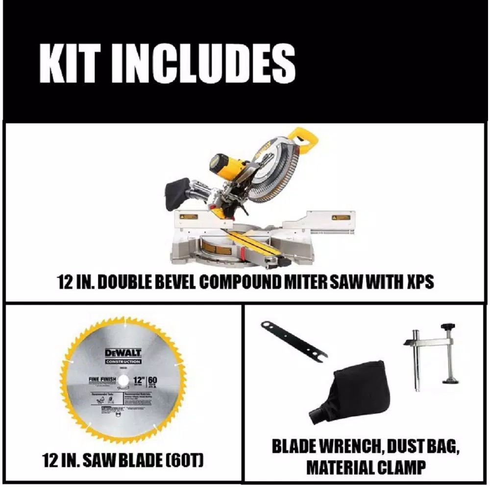 DEWALT 15 Amp Corded 12 in. Double Bevel Sliding Compound Miter Saw with XPS technology, Blade Wrench & Material Clamp