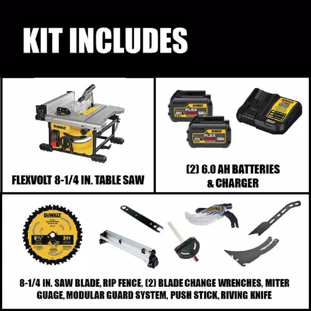 DEWALT FLEXVOLT 60-Volt MAX Cordless Brushless 8-1/4 in. Table Saw Kit with (2) FLEXVOLT 6.0Ah Batteries