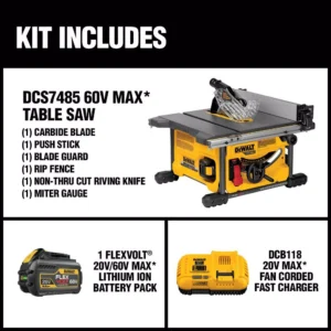DEWALT FLEXVOLT 60-Volt MAX Cordless Brushless 8-1/4 in. Table Saw Kit with (3) FLEXVOLT 6.0Ah Batteries