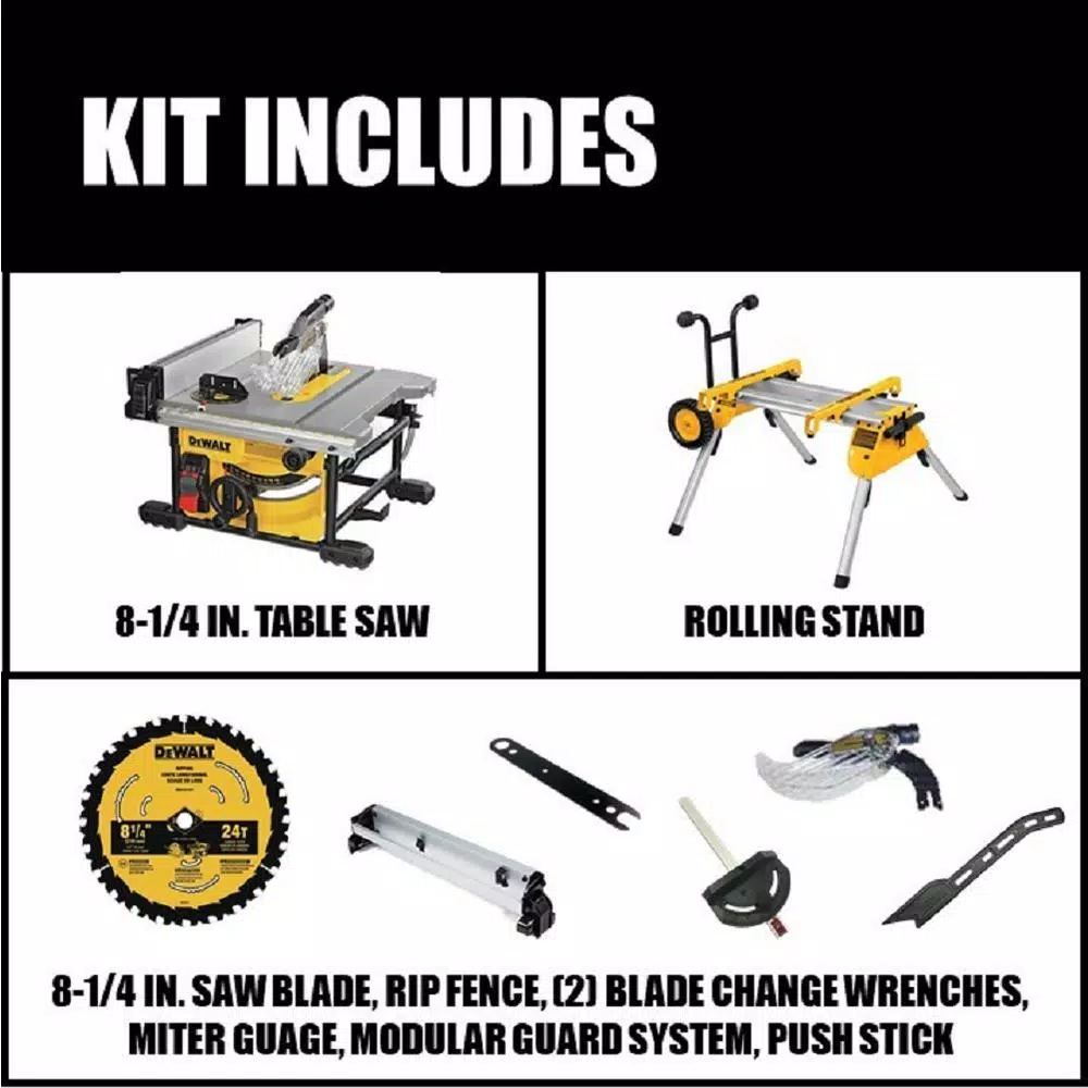 DEWALT 15 Amp Corded 8-1/4 in. Compact Jobsite Tablesaw with Bonus Heavy-Duty Rolling Table Saw Stand