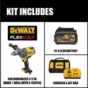DEWALT FLEXVOLT 60-Volt MAX Cordless Brushless 1/2 in. Mixer/Drill with E-Clutch & (1) FLEXVOLT 6.0Ah Battery