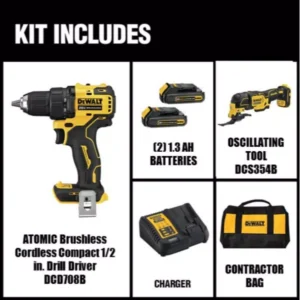 DEWALT ATOMIC 20-Volt MAX Cordless Brushless Compact 1/2 in. Drill/Driver, (2) 20-Volt 1.3Ah Batteries & Oscillating Tool