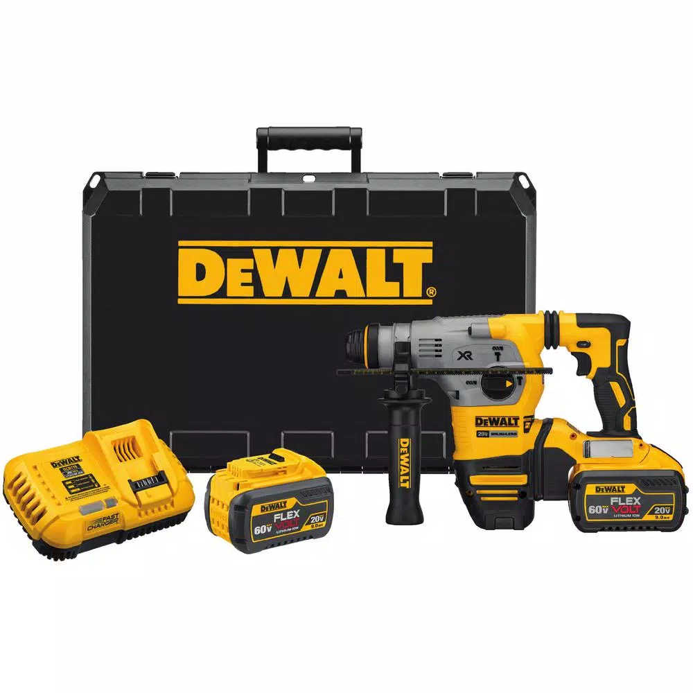 DEWALT 20-Volt MAX XR Cordless Brushless 1-1/8 in. SDS Plus L-Shape Rotary Hammer, (2) FLEXVOLT 9.0Ah Batteries & Charger