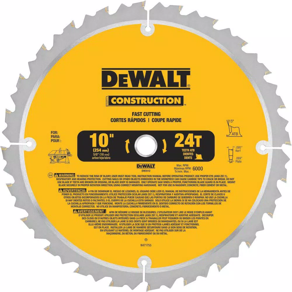 DEWALT Construction 10 in. 24-Teeth Thin Kerf Table Saw Blade