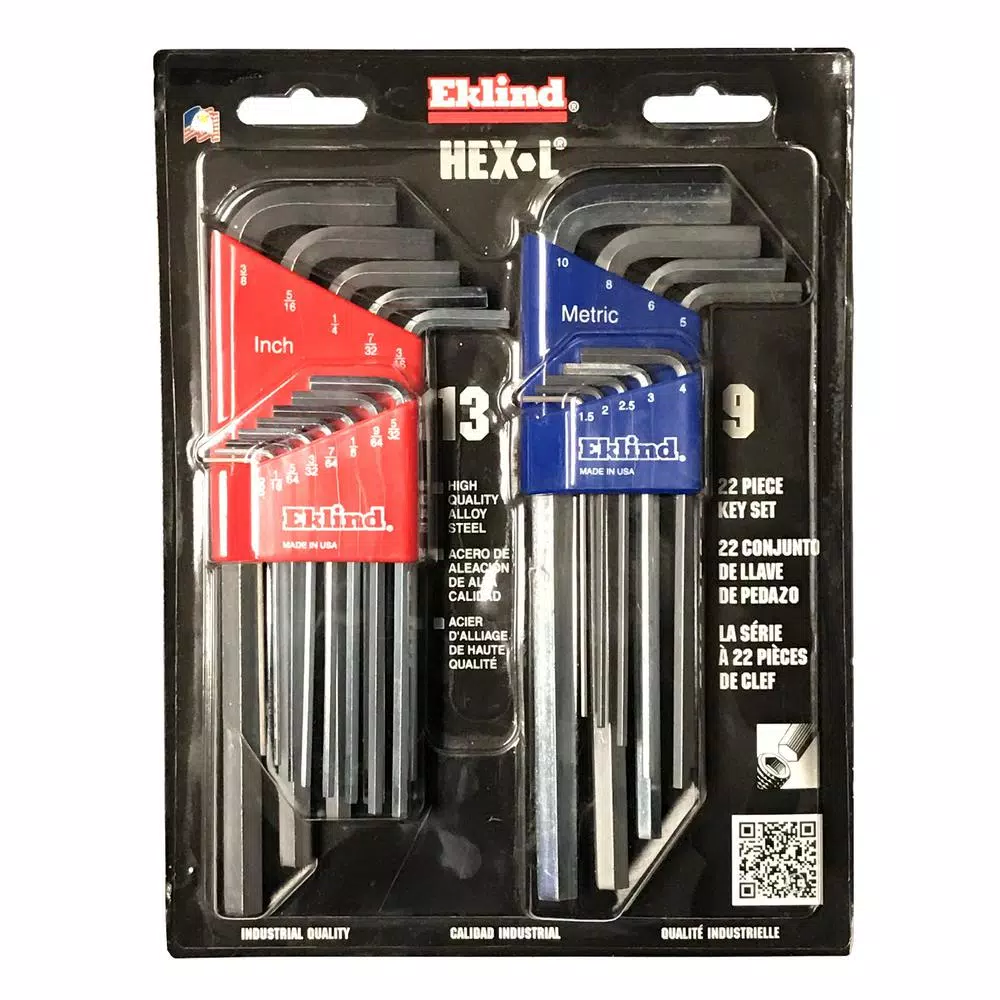 Eklind Combination Bright-Hex-L Key Set Sizes 0.050 to 3/8 and Size 1.5 mm to 10 mm (22-Piece)