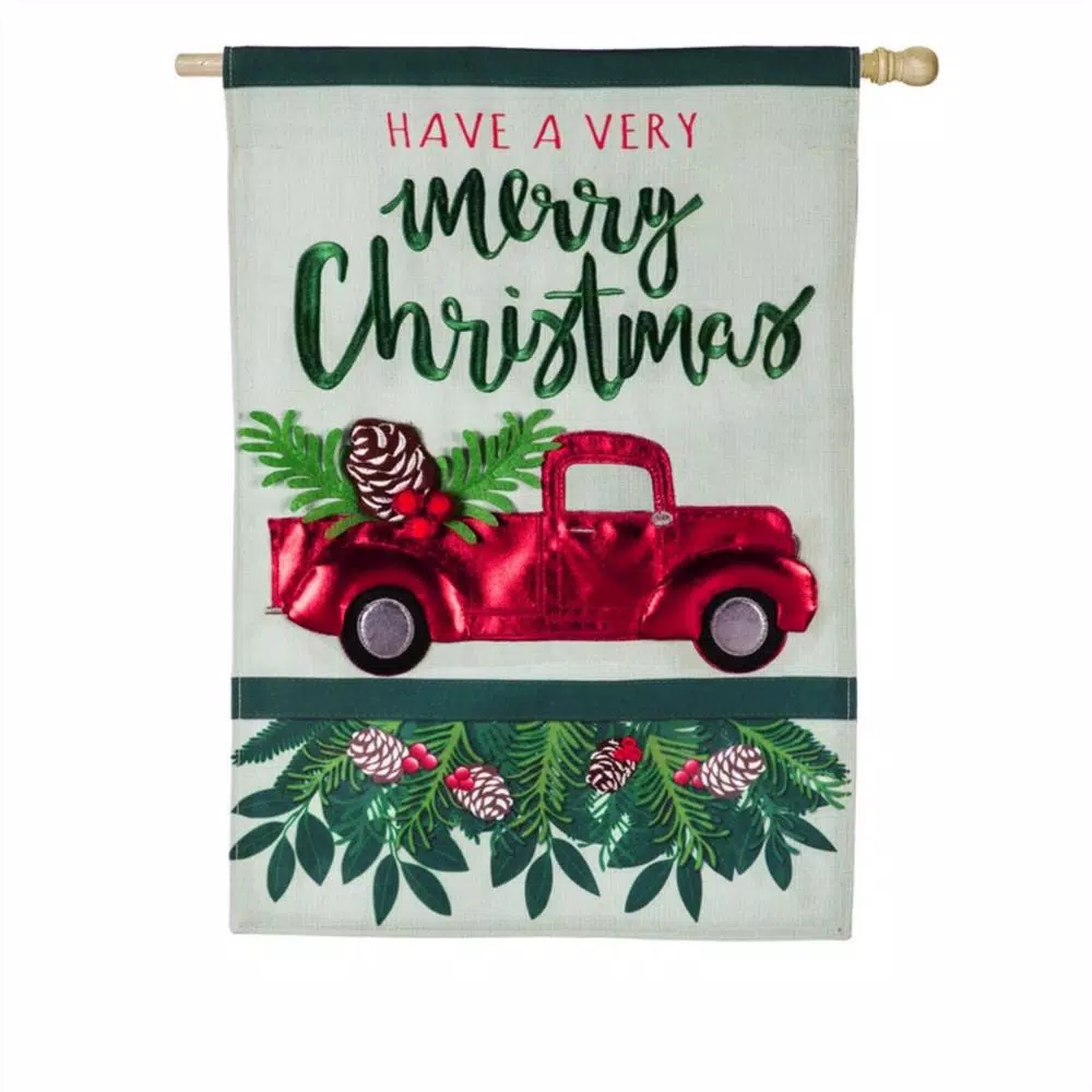 Evergreen 28 in. x 44 in. Holiday Red Truck House Linen Flag
