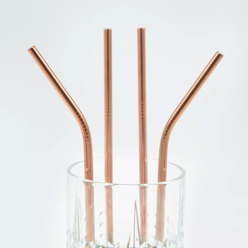 ExcelSteel 10 Pc Reusable Rose Gold Straw Set W/ Cleaning Brushes