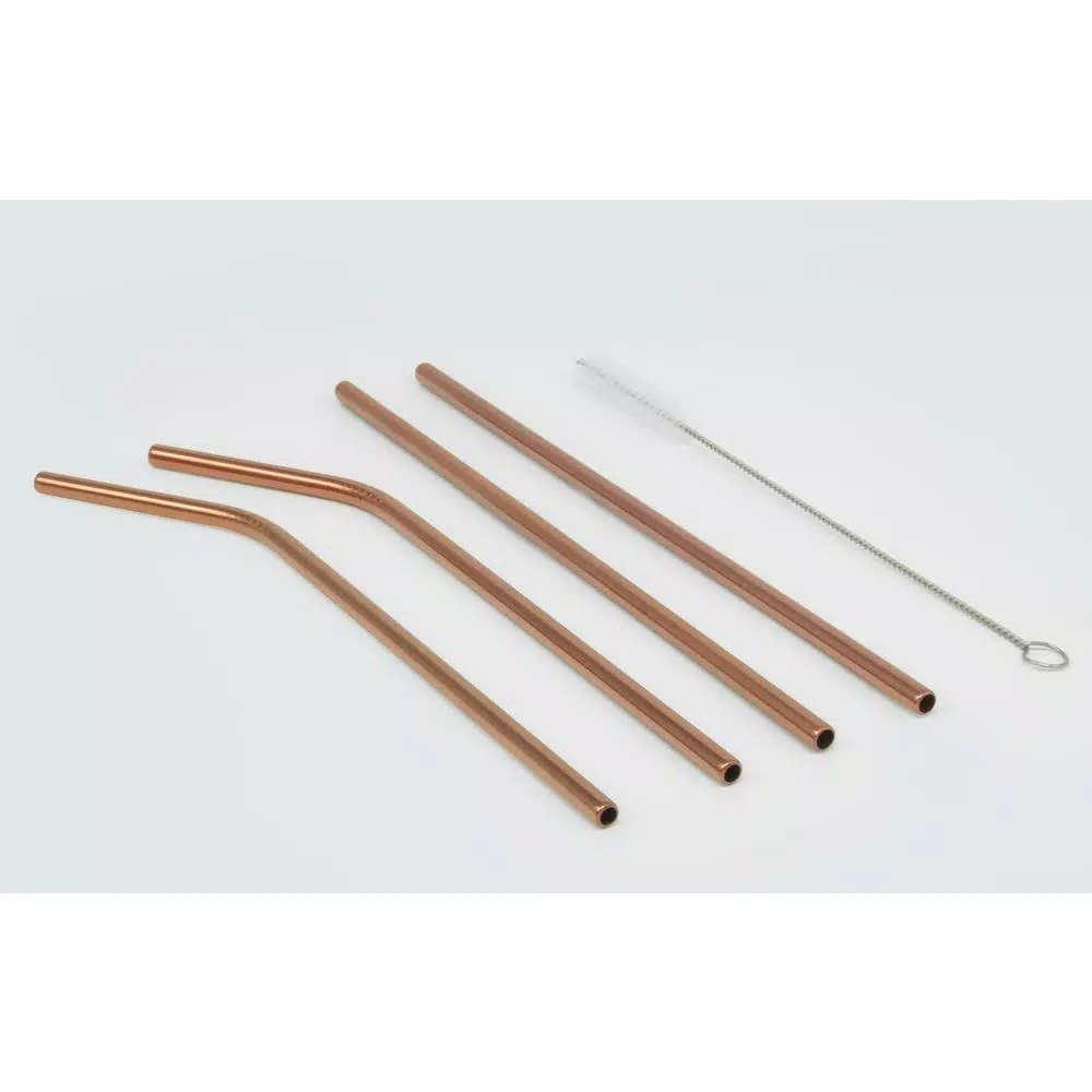 ExcelSteel 10 Pc Reusable Rose Gold Straw Set W/ Cleaning Brushes