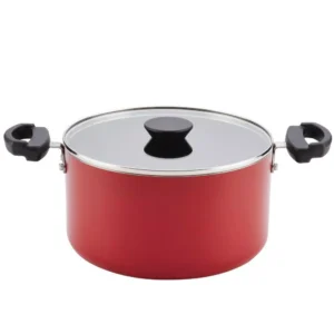 Farberware Neat Nest Space Saving 6 qt. Aluminum Nonstick Sauce Pot in Red with Glass Lid