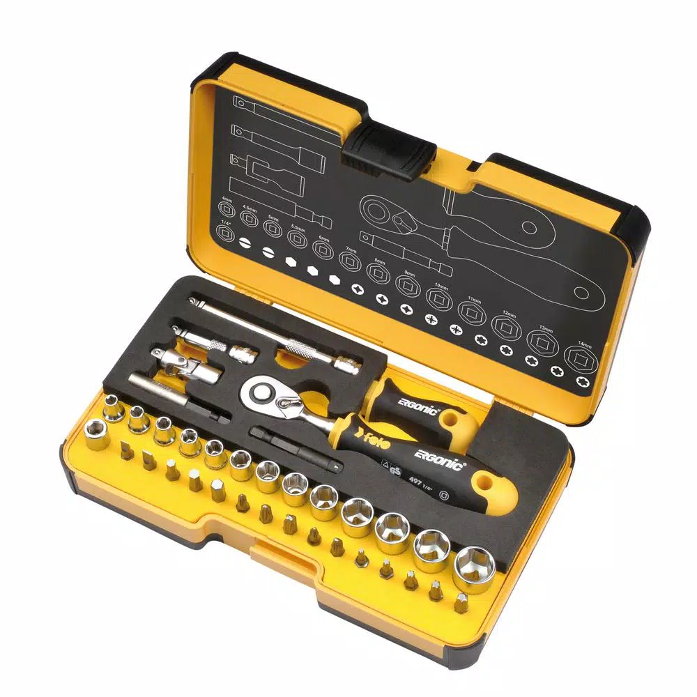 Felo R-GO 1/4 in. Stubby Imperial Ergonic Ratchet Multi-Tools Set (36-Piece)