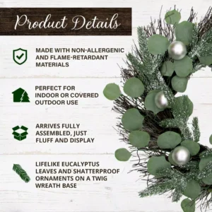Fraser Hill Farm 24 in. Artificial Christmas Wreath with Ornaments and Frosted Pine Branches