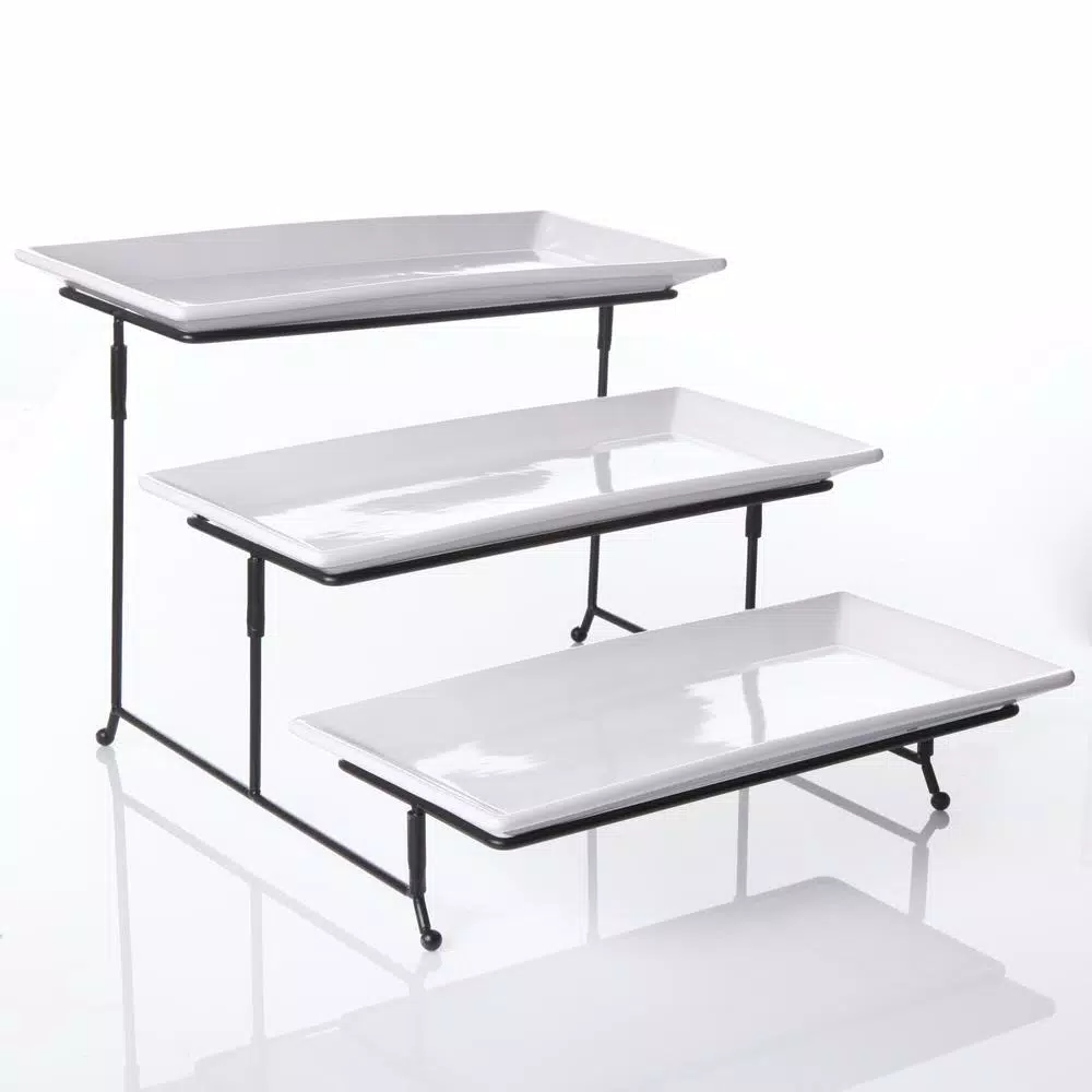 GIBSON elite Gracious Dining 4-Piece White 3-Tier Fine Ceramic Cake Stand with Metal Rack