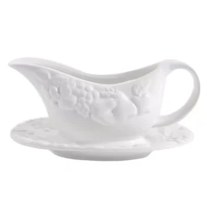 Gibson Home Fruitful 8 in. White Gravy Boat with Saucer