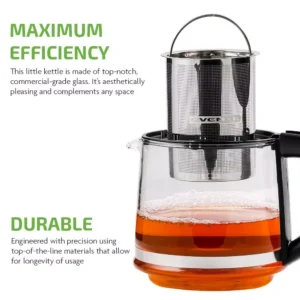 Ovente 3.4-Cup Black Glass Tea Kettle with Tea Infuser for Loose-Leaf Tea, Compatible with KG612S (FGK27B)