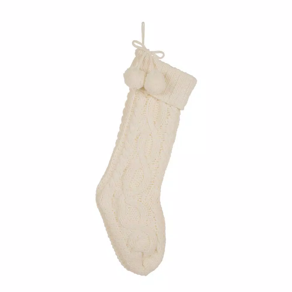 Glitzhome 24 in.H Knitted Polyester Christmas Stocking with Pom Ball-White