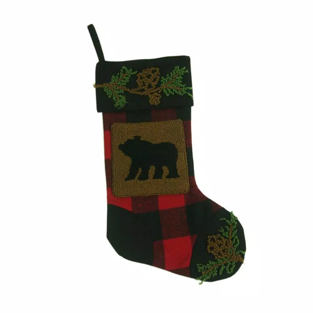 Glitzhome Plaid Stocking with Rug Hooked (Bear) 2-Pack