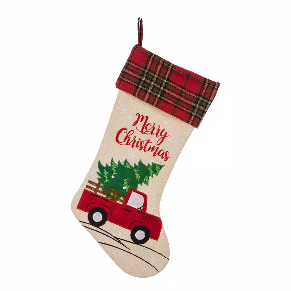 Glitzhome 21 in. Polyester Embroidered Linen Christmas Decoration Stocking (2-Pack)