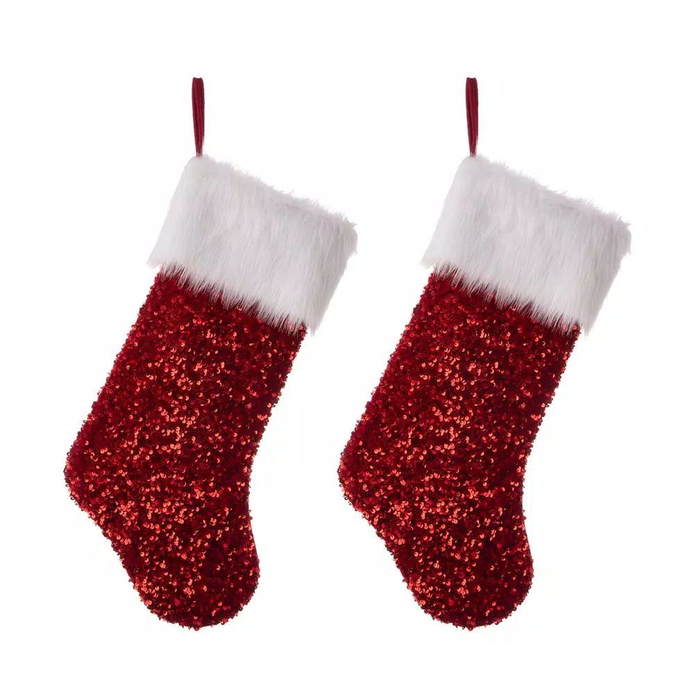 Glitzhome 21 in. H Polyester Red Sequin Christmas Stocking (2-Pack)