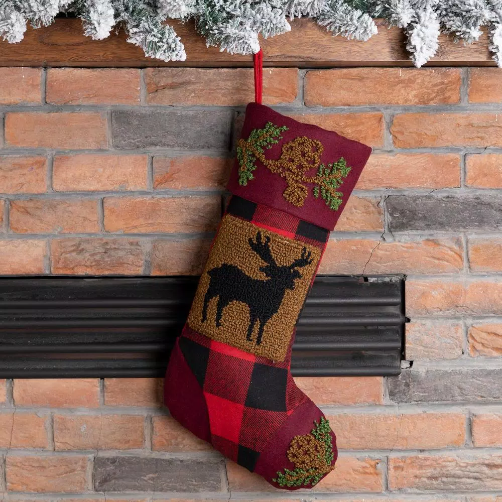 Glitzhome 19 in. Polyester/Acrylic Plaid Christmas Stocking with Rug Hooked Reindeer