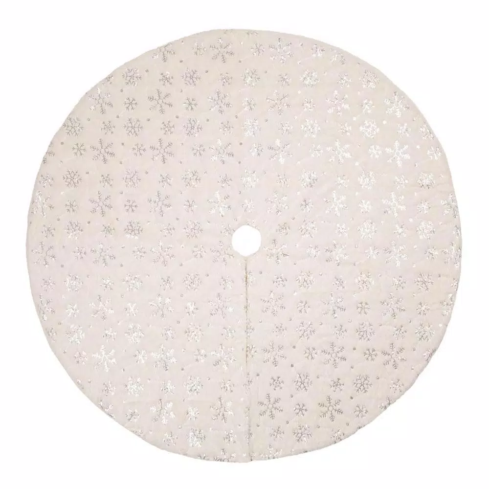Glitzhome 48 in. D White Plush with Snowflake Christmas Tree Skirt