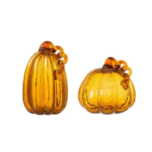 Glitzhome S/2 9.06 in. Amber Crackle Glass Pumpkin