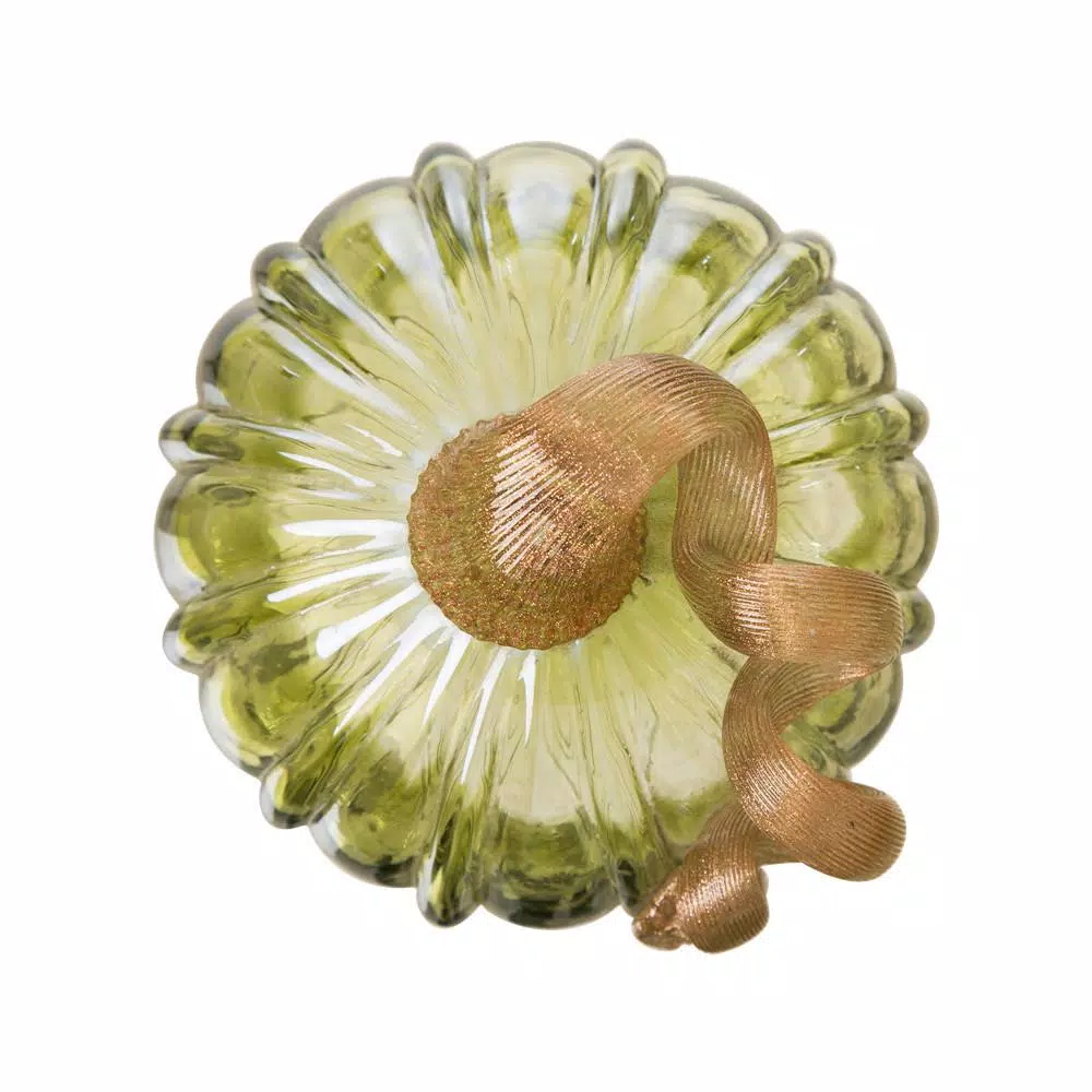 Glitzhome 5.91 in. D x 4.72 in. H Green Crackle Glass Short Pumpkin