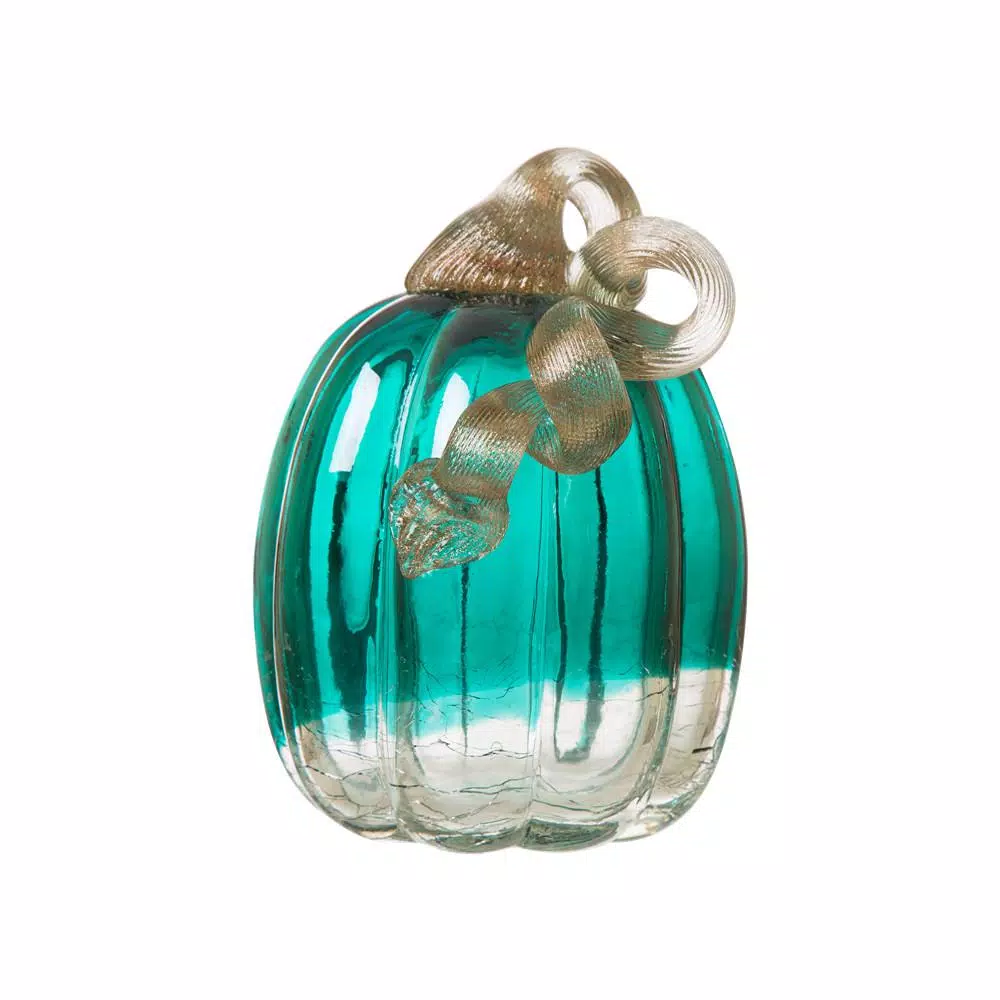 Glitzhome 5.51 in. H Turquoise Crackle Glass Pumpkin