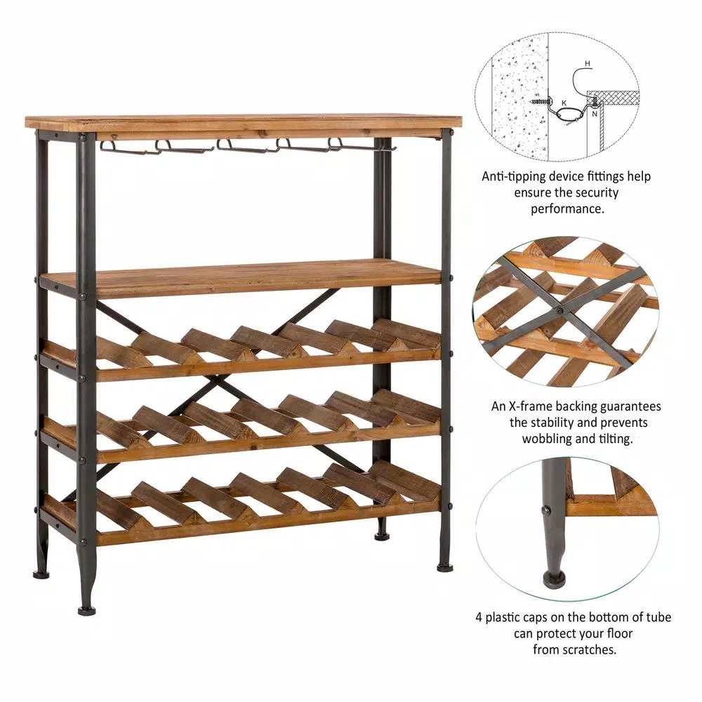 Glitzhome 34.25 in. H Vintage Floor Wine Bottle and Glass Rack