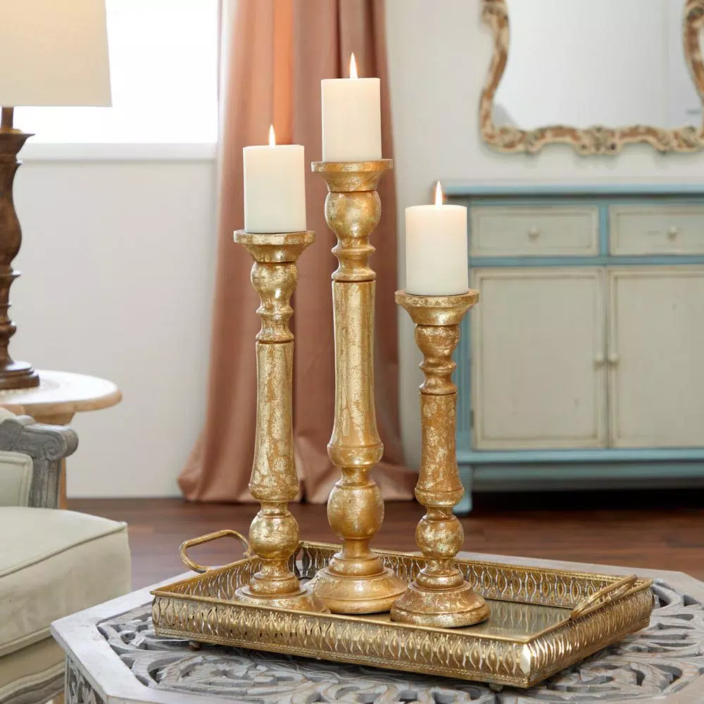 LITTON LANE 18 in. and 15 in. Golden Mango Wood Candle Holder