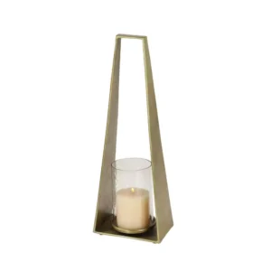 LITTON LANE Large Gold Candle Holder With Hurricane Glass