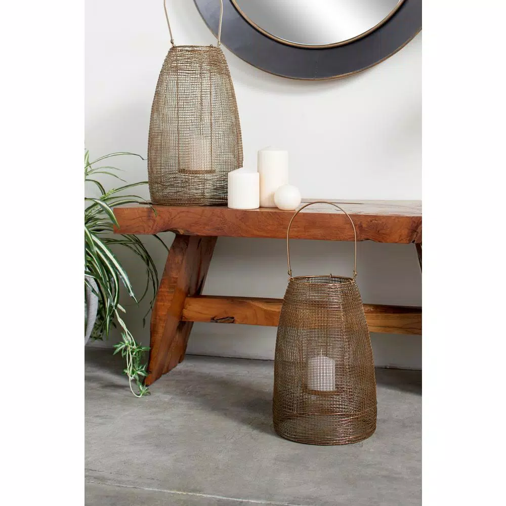 LITTON LANE Large Round Bronze Mesh Metal Lantern Candle Holder with Handle
