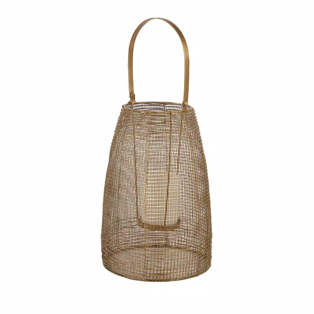 LITTON LANE Large Round Bronze Mesh Metal Lantern Candle Holder with Handle