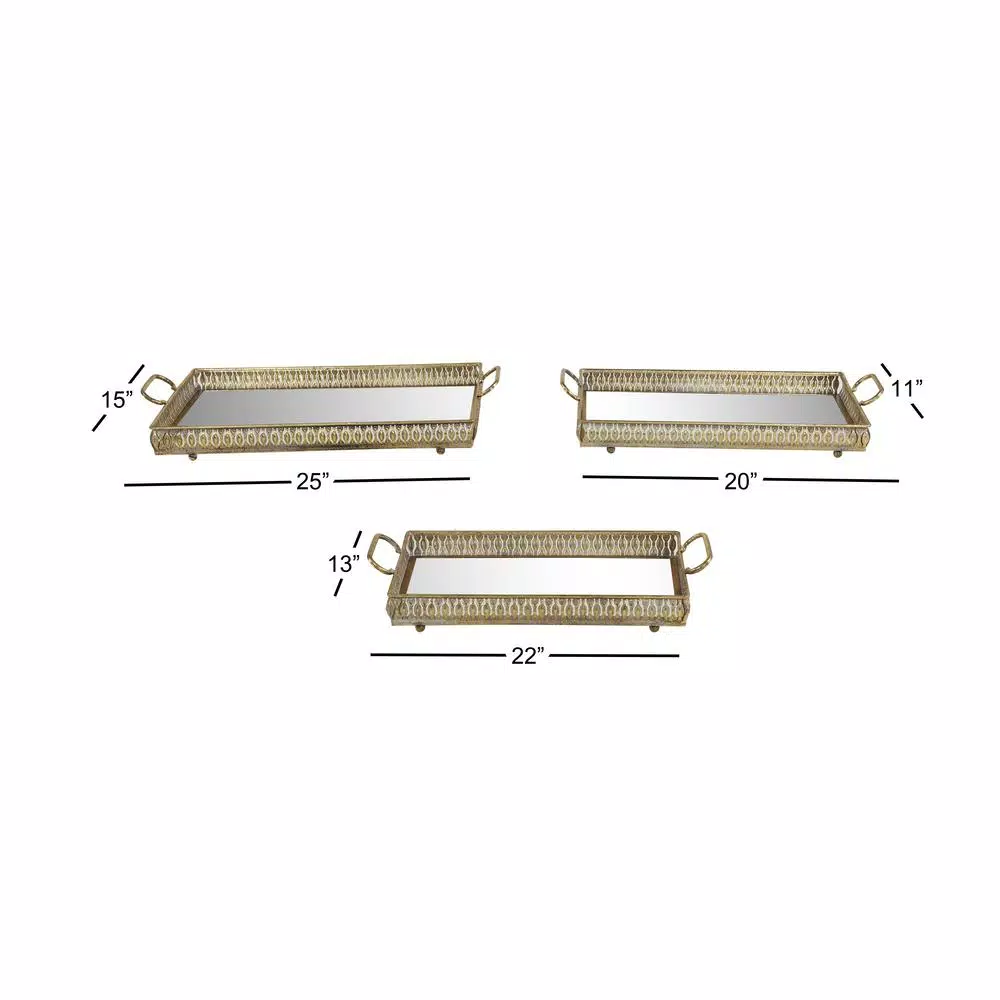 LITTON LANE Large Rectangular Metallic Gold Mirror Vanity Trays with Pierced Metal Designs ( Set of 3)