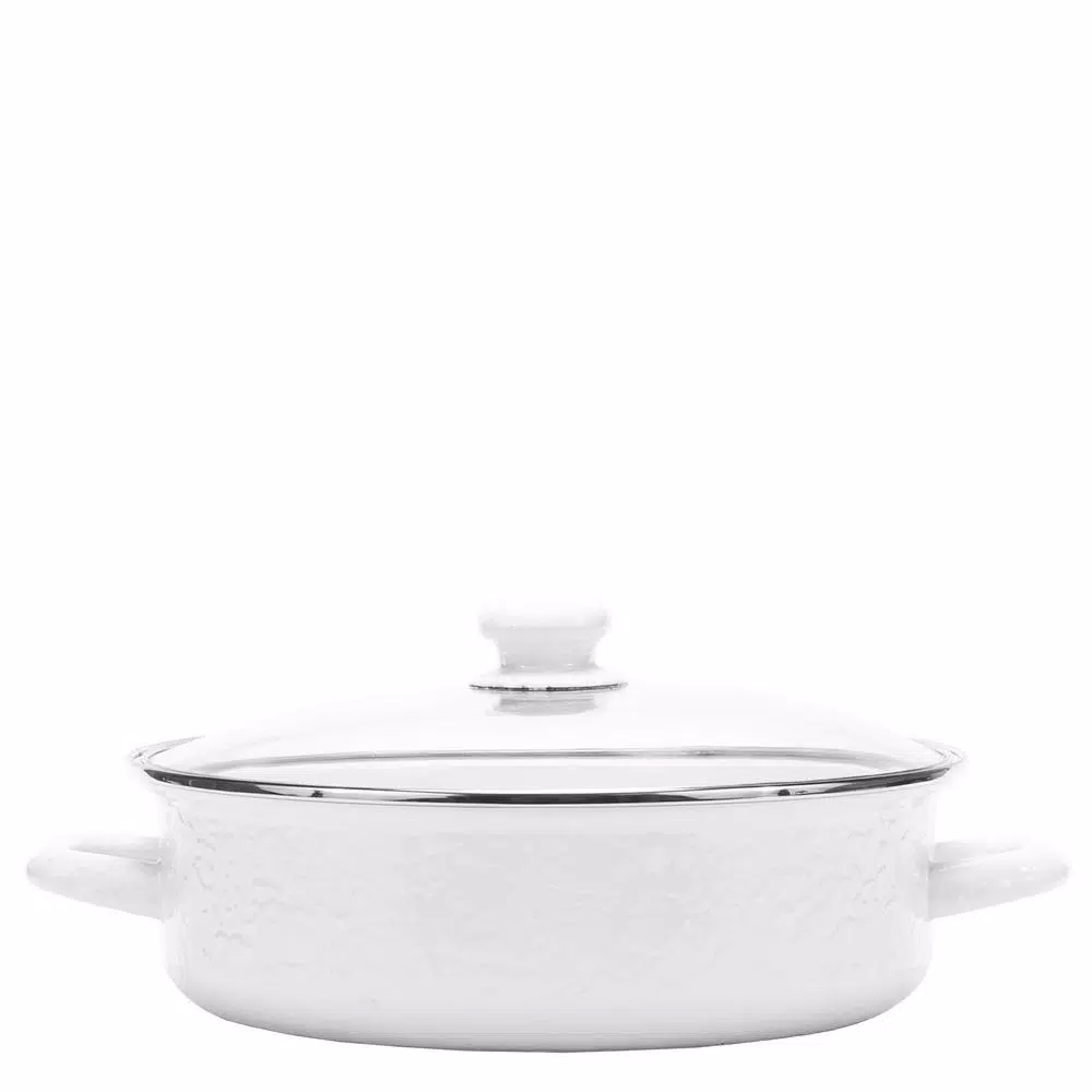 Golden Rabbit Enamelware 5 qt. Porcelain-Coated Steel Saute Pan in Solid White with Glass Lid
