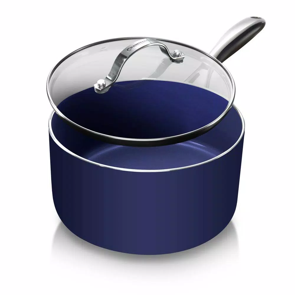 GRANITESTONE Classic Blue 2.5 qt. Aluminum Ultra-Durable Non-Stick Diamond Infused Saucepan with Glass Lid