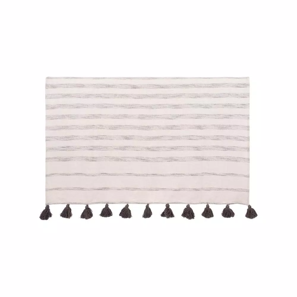 3R Studios Cream with Grey Stripes and Tassels Cotton Woven Throw Blanket