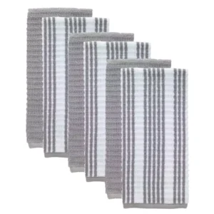 RITZ T-Fal Gray Solid and Stripe Waffle Cotton Terry Kitchen Dish Towel (Set of 6)