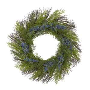 Nearly Natural 21 in. Cedar with Blue Berries Artificial Wreath