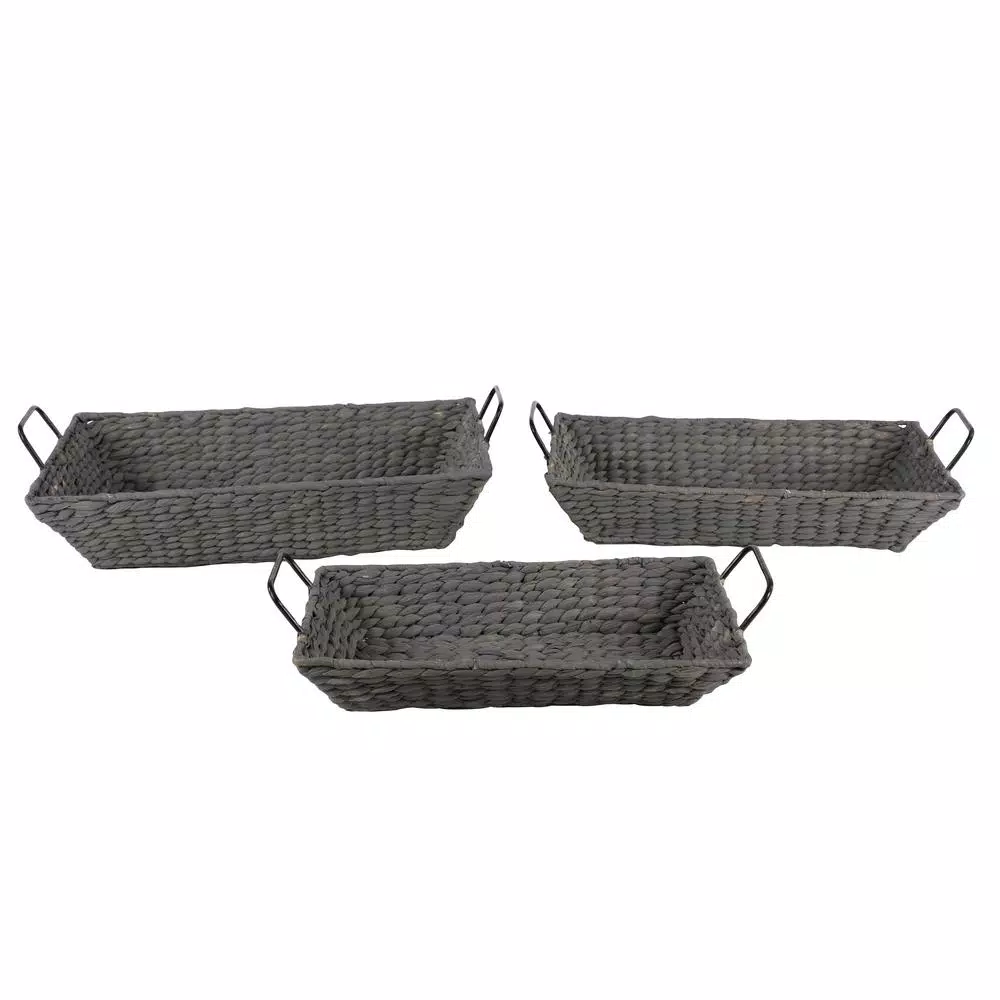 LITTON LANE Nesting Rectangular Gray Seagrass Basket Trays with Black Metal Handles (Set of 3)