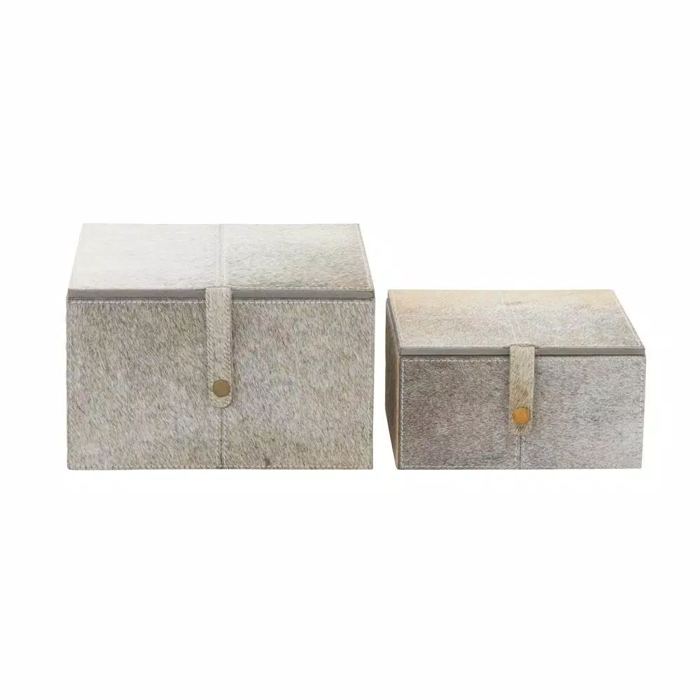 LITTON LANE Rectangular Wood and Leather Hide Gray Boxes (Set of 2)
