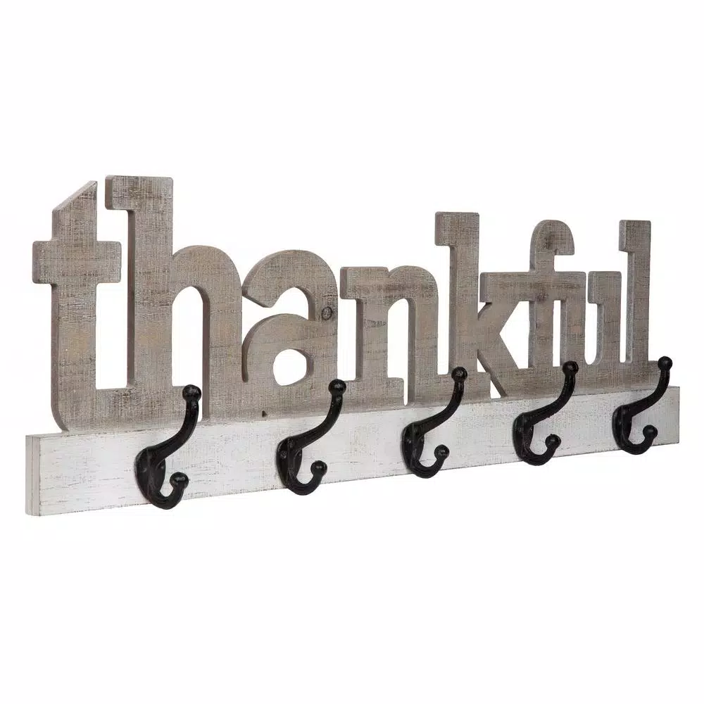 Pinnacle Rustic Thankful Gray Wood Decorative Sign with Hooks